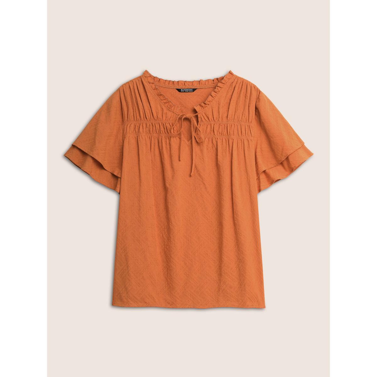 Plus Size OrangeRed Texture Tiered Ruffles Gathered Frill Trim Blouse Women Casual Short sleeve Notched collar Everyday Blouses BloomChic 12/L Product Image