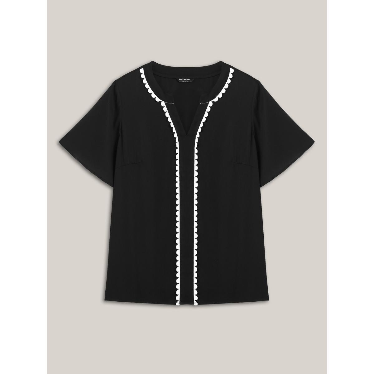 Plus Size Black Lace Trim Notched Collar Solid Blouse Women Short sleeve Notched collar Work Blouses BloomChic 10/M Product Image