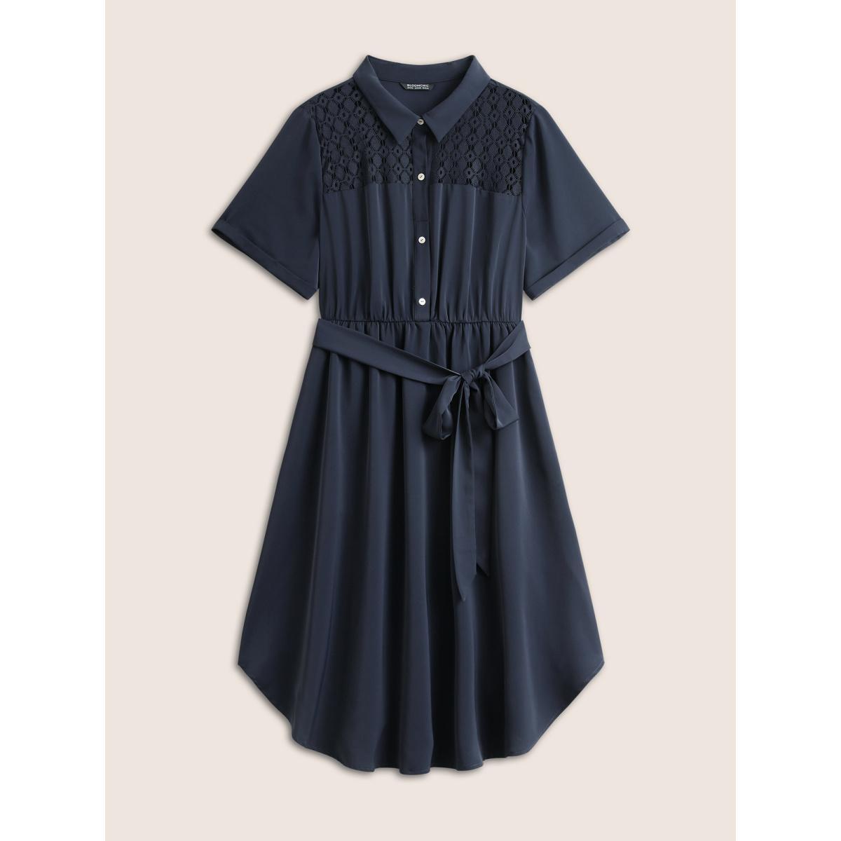 Plus Size Plain Lace Patchwork Belted Cuffed Sleeve Dress DarkBlue Women At the Office Non Shirt collar Short sleeve Curvy Midi Dress BloomChic 22-24/3X Product Image
