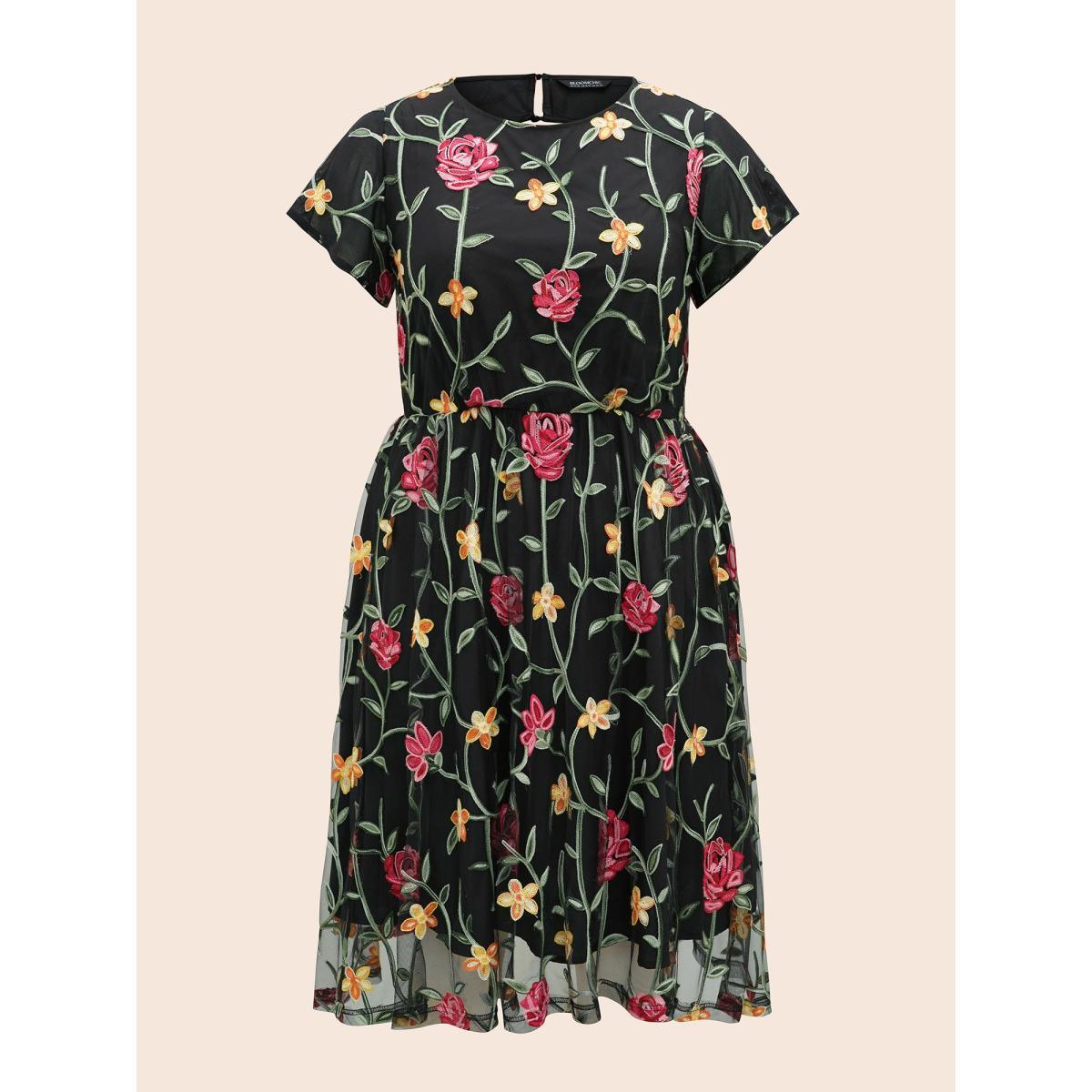 Plus Size Floral Embroidered Mesh Backless Dress Black Women Formal Texture Round Neck Cap Sleeve Curvy BloomChic 26/4X Product Image