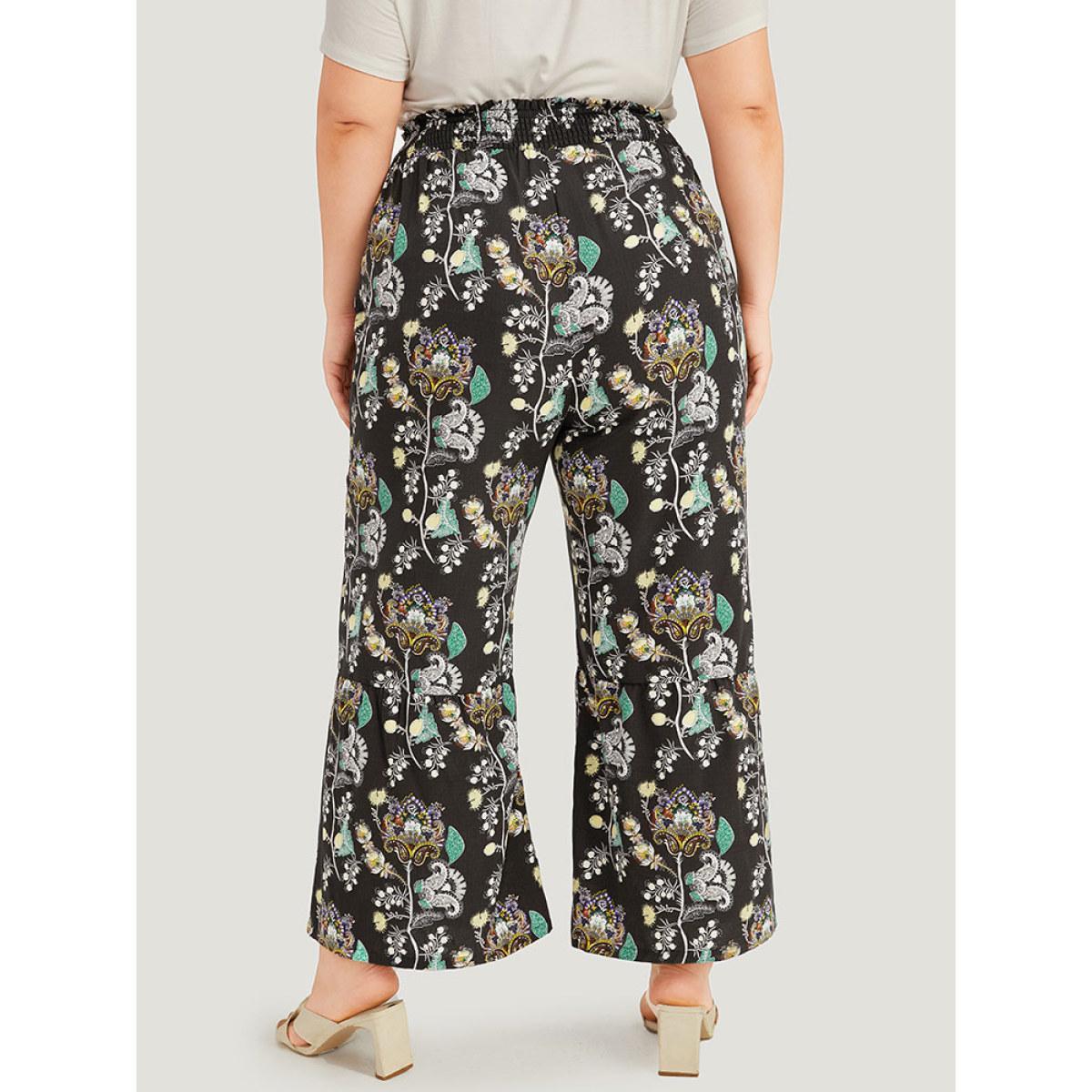 Plus Size Floral Print Shirred Bootcut Ties Pocket Pants Women BlackFlower Elegant Bootcut High Rise Dailywear Pants BloomChic 12/L Product Image