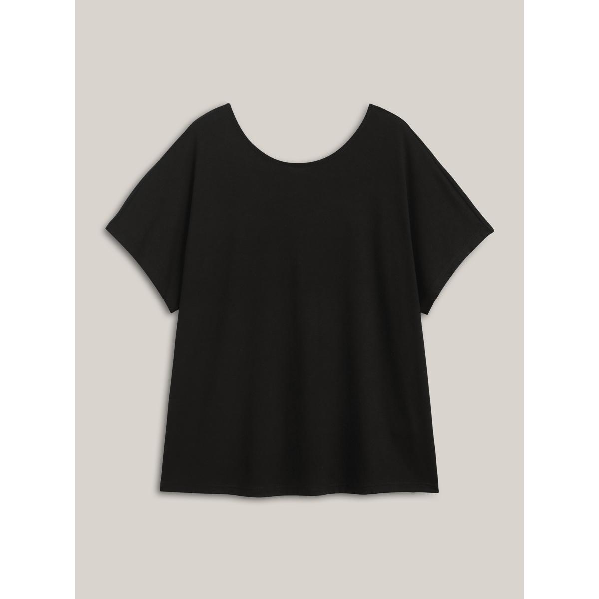Plus Size Backless Knotted Plain T-Shirt Black Women Twist Round Neck Everyday-Casual T-shirts BloomChic 12/L Product Image