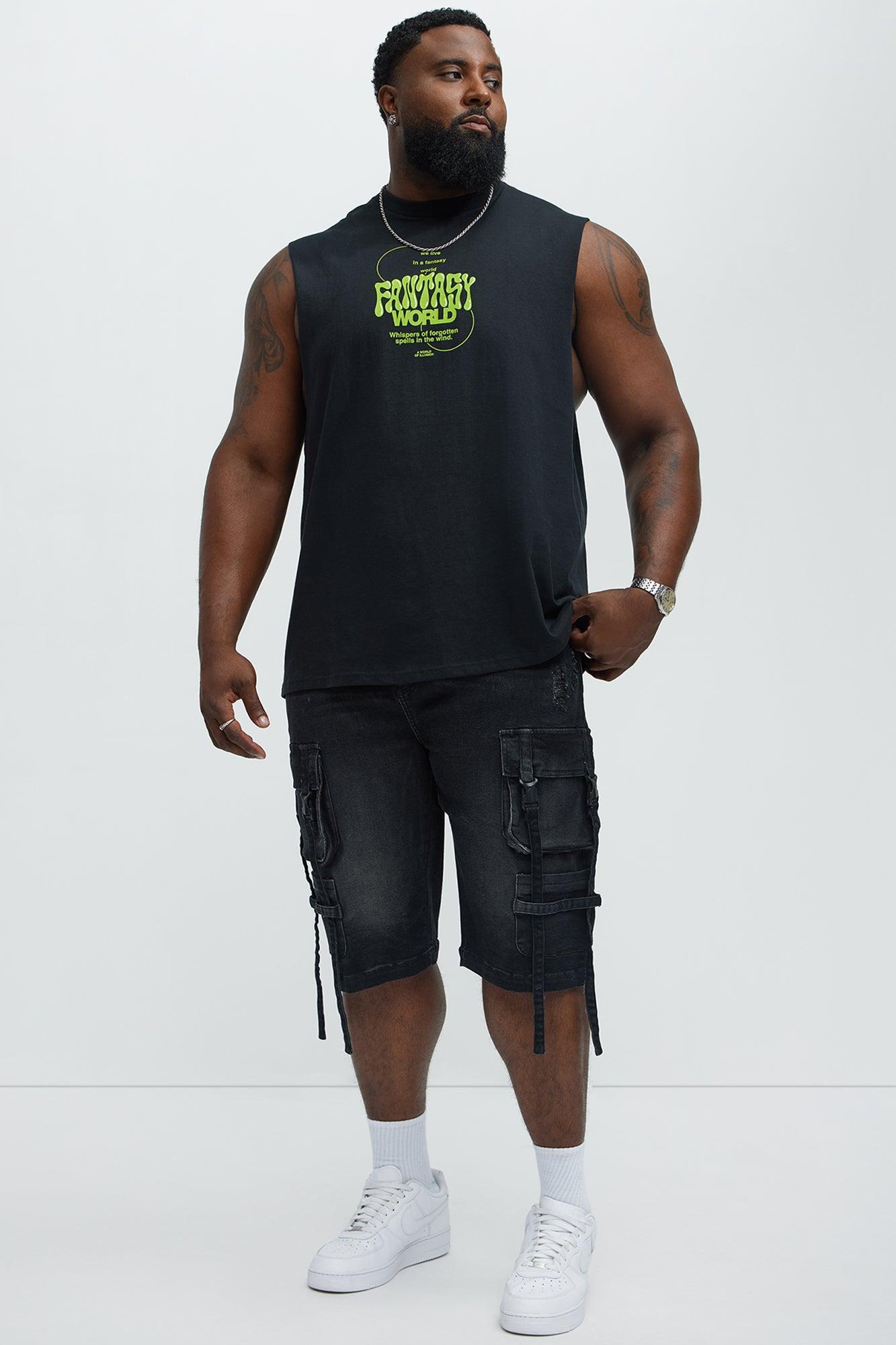 Buckle Down Strapped Relaxed Denim Shorts - Black Product Image