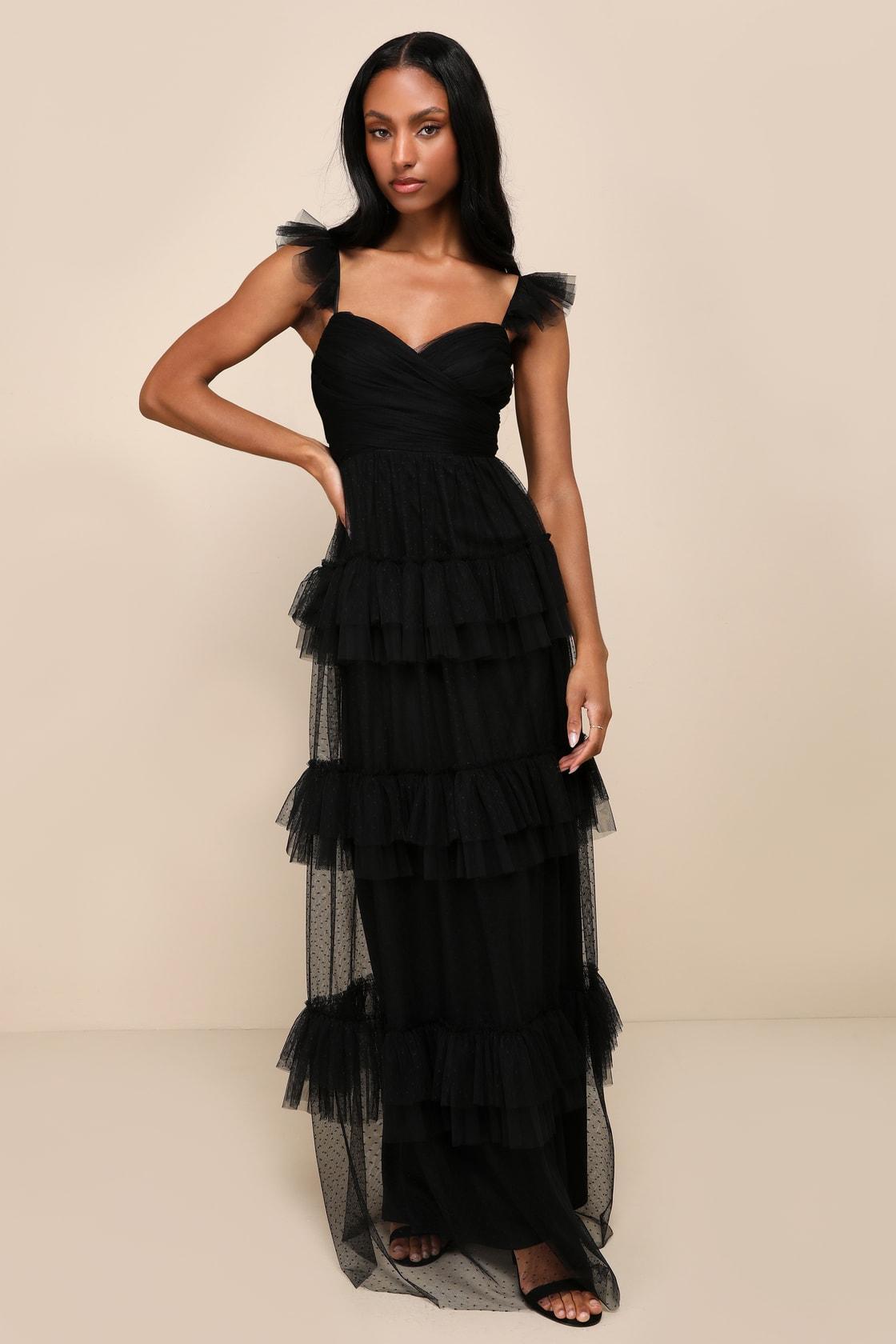 Pure Radiance Black Mesh Swiss Dot Tiered Maxi Dress Product Image