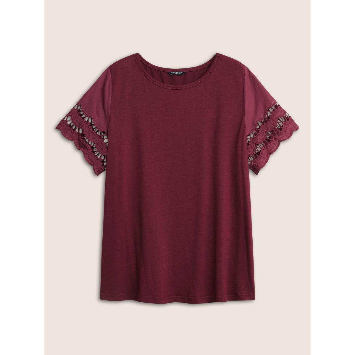 Plus Size Patchwork Broderie Anglaise Scalloped Trim T-shirt Burgundy Women Elegant Non Plain Round Neck Everyday T-shirts BloomChic 12/L Product Image