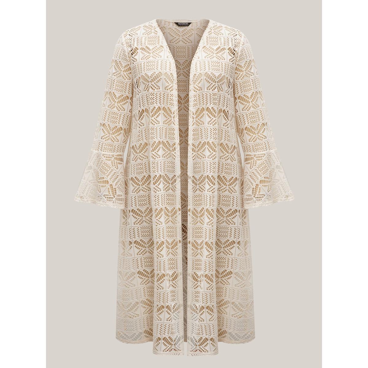 Plus Size Textured Cut-Out Ruffled Kimono Women Beige Resort See through Loose Vacation Kimonos BloomChic 12/L Product Image