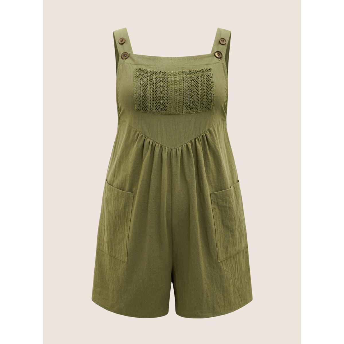 Plus Size ArmyGreen Cotton Plain Textured Patch Pocket Jumpsuit Women Casual Sleeveless Square Neck Everyday Loose Jumpsuits BloomChic 12/L Product Image