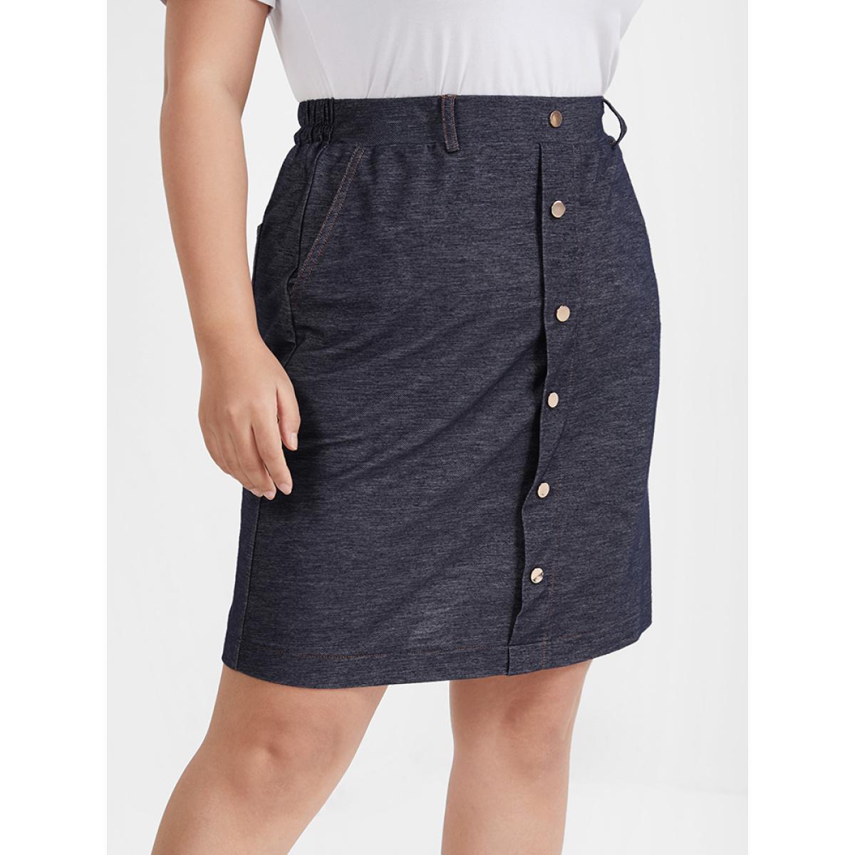 Plus Size Solid Button Pocket Skirt Women Black Elegant Button High stretch Pocket Dailywear Skirts BloomChic 22-24/3X Product Image