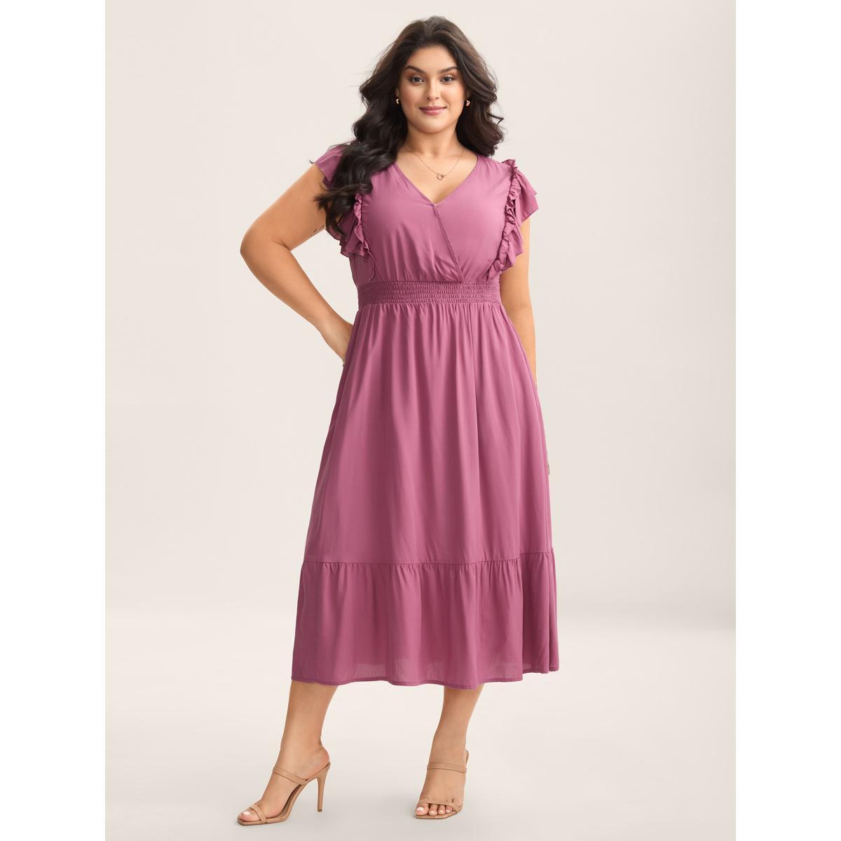 Plus Size Rayon Ruffled Shirred Waist Solid Midi Dress Peach Women Overlap Collar Cap Sleeve Curvy BloomChic 22-24/3X Product Image