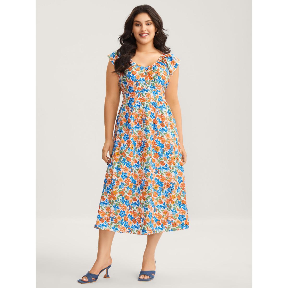 Plus Size Floral Print Stretchy Waist Flutter Midi Dress Multicolor Women V-neck Cap Sleeve Curvy BloomChic 26/4X Product Image