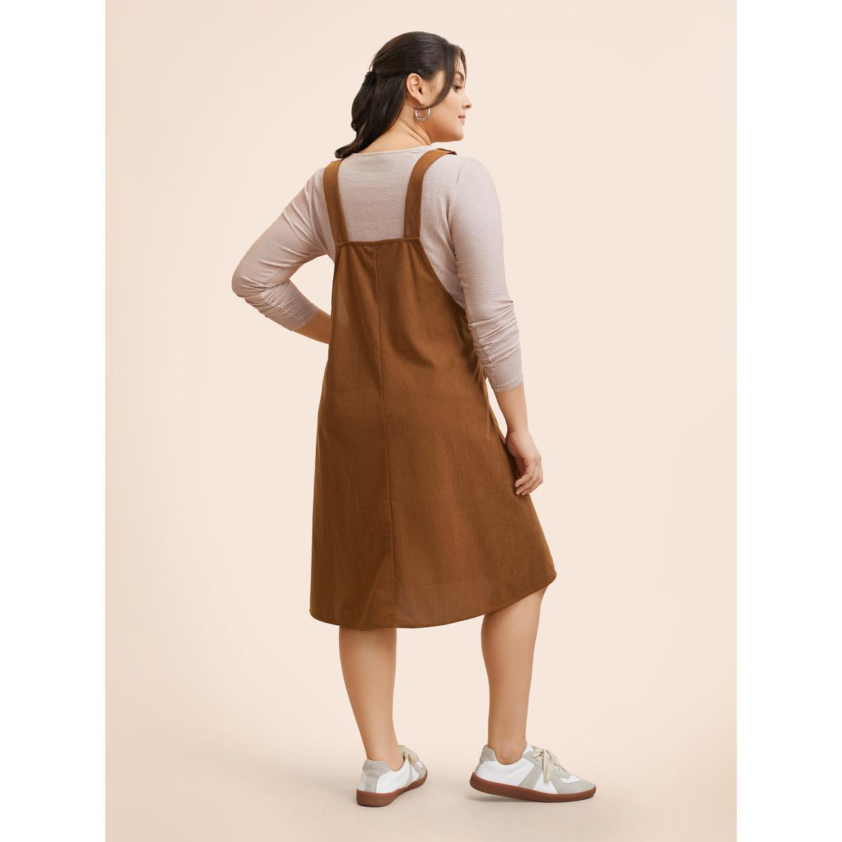 Plus Size Solid Corduroy Pleated Overall Dress Bronze Women Casual Texture Non Sleeveless Curvy BloomChic 26/4X Product Image