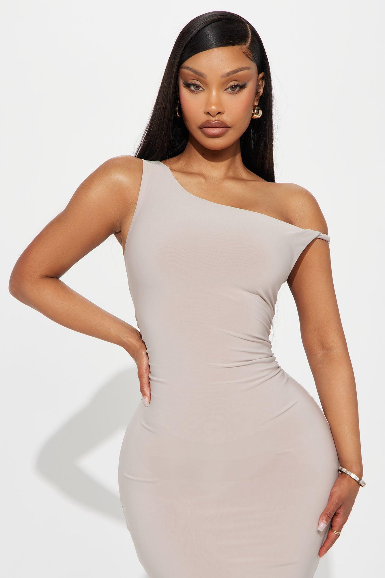 Sutton Ruched Midi Dress - Taupe Product Image