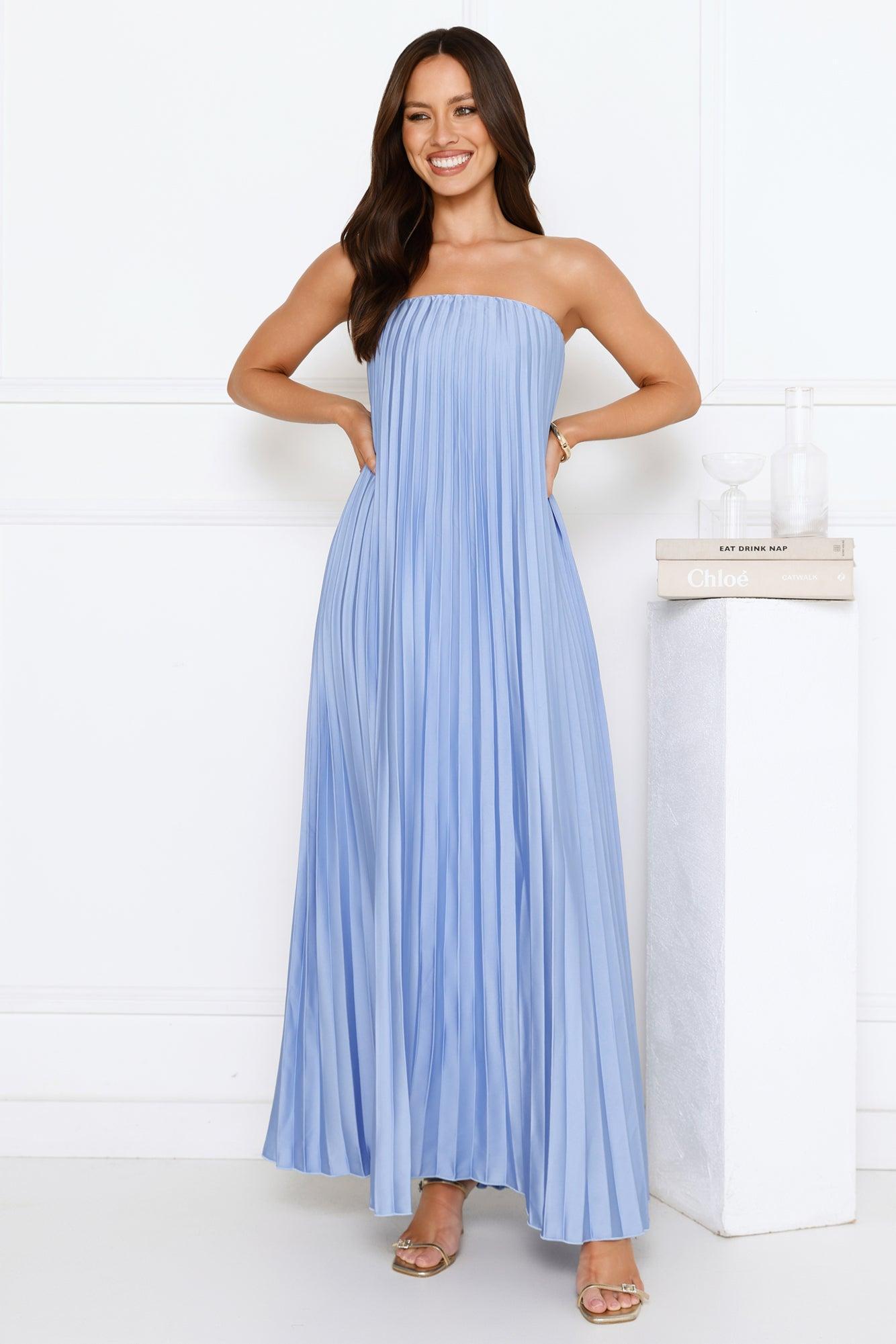 Moonlit Night Pleated Strapless Maxi Dress Blue Product Image