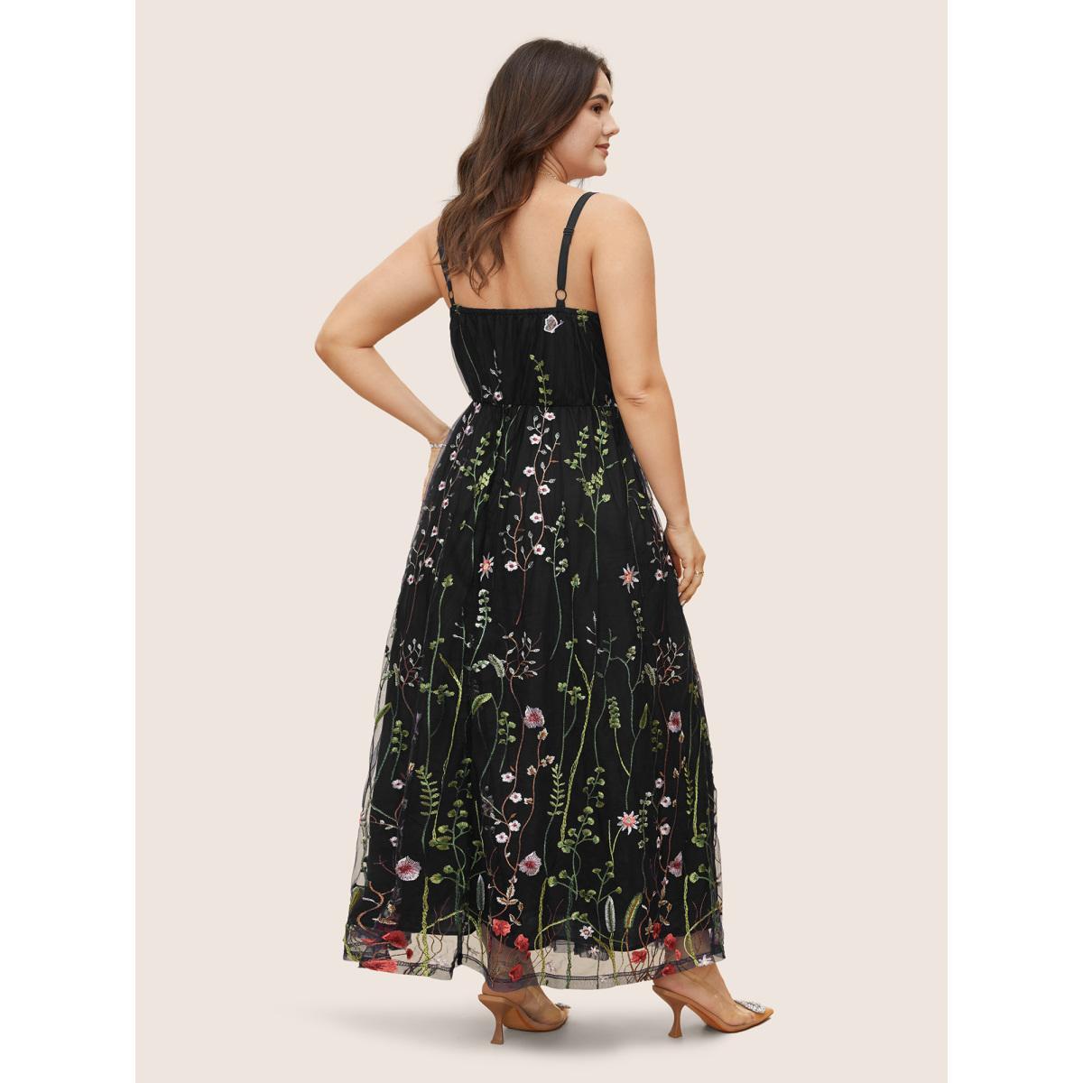 Plus Size U Neck Floral Embroidered Mesh Cami Dress Black Women Formal U-neck Sleeveless Curvy BloomChic 14-16/1X Product Image