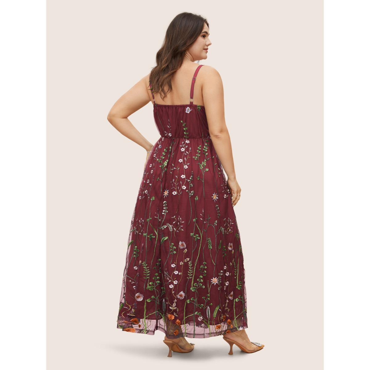 Plus Size U Neck Floral Embroidered Mesh Cami Dress Scarlet Women Formal U-neck Sleeveless Curvy BloomChic 14-16/1X Product Image