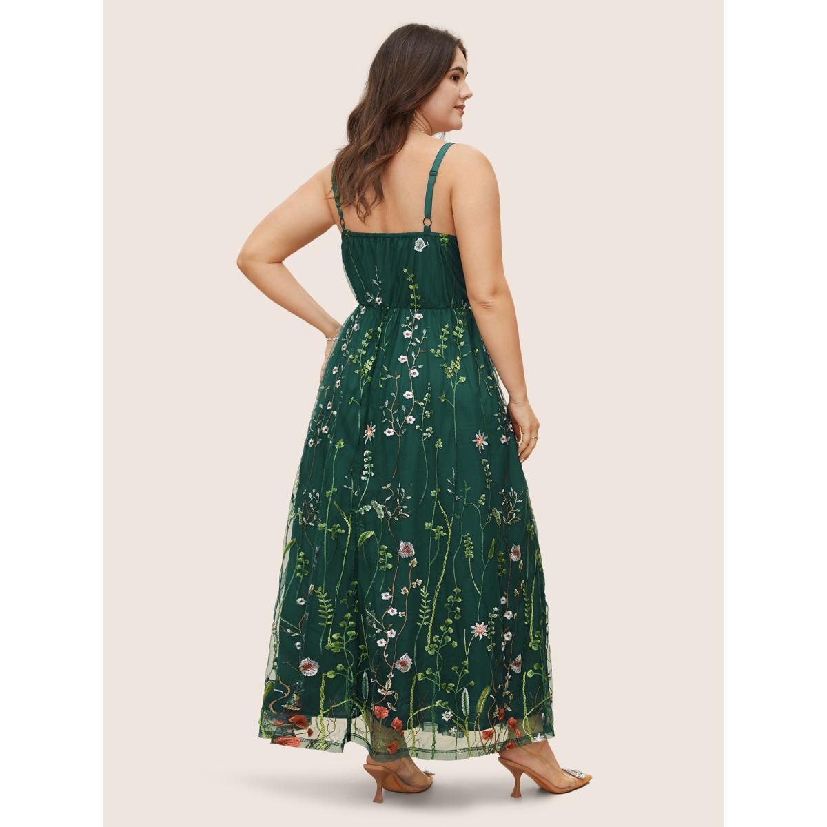 Plus Size U Neck Floral Embroidered Mesh Cami Dress DarkGreen Women Formal U-neck Sleeveless Curvy BloomChic 26/4X Product Image