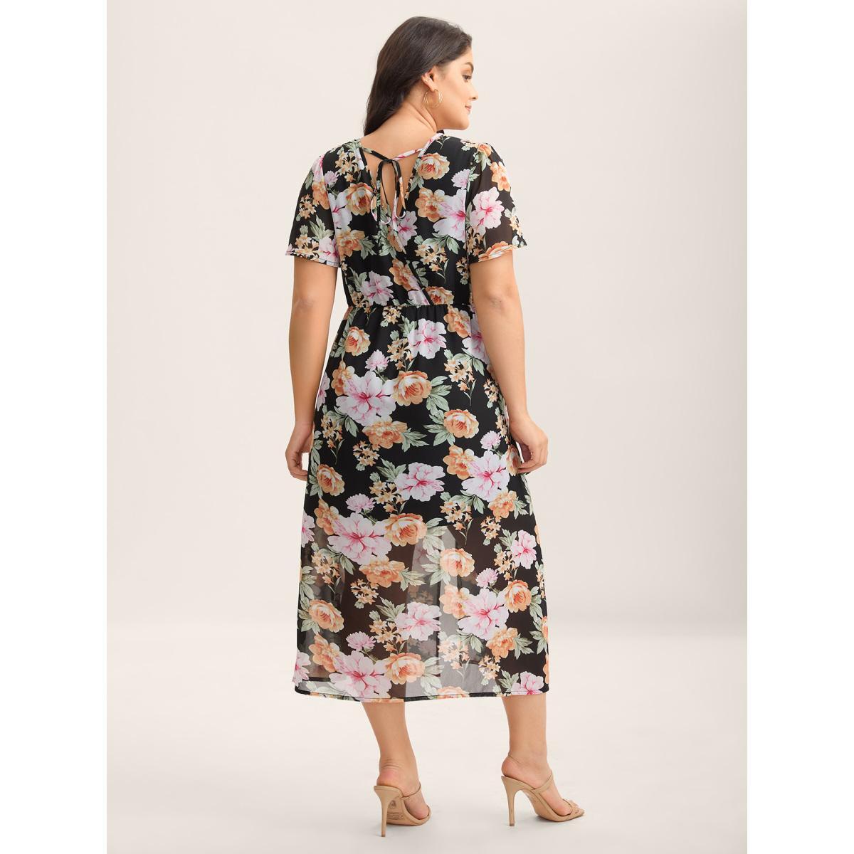 Plus Size Black Floral Layered Open-Front Romper Women Short sleeve V-neck Everyday-Elegant Loose Jumpsuits BloomChic 14-16/1X Product Image