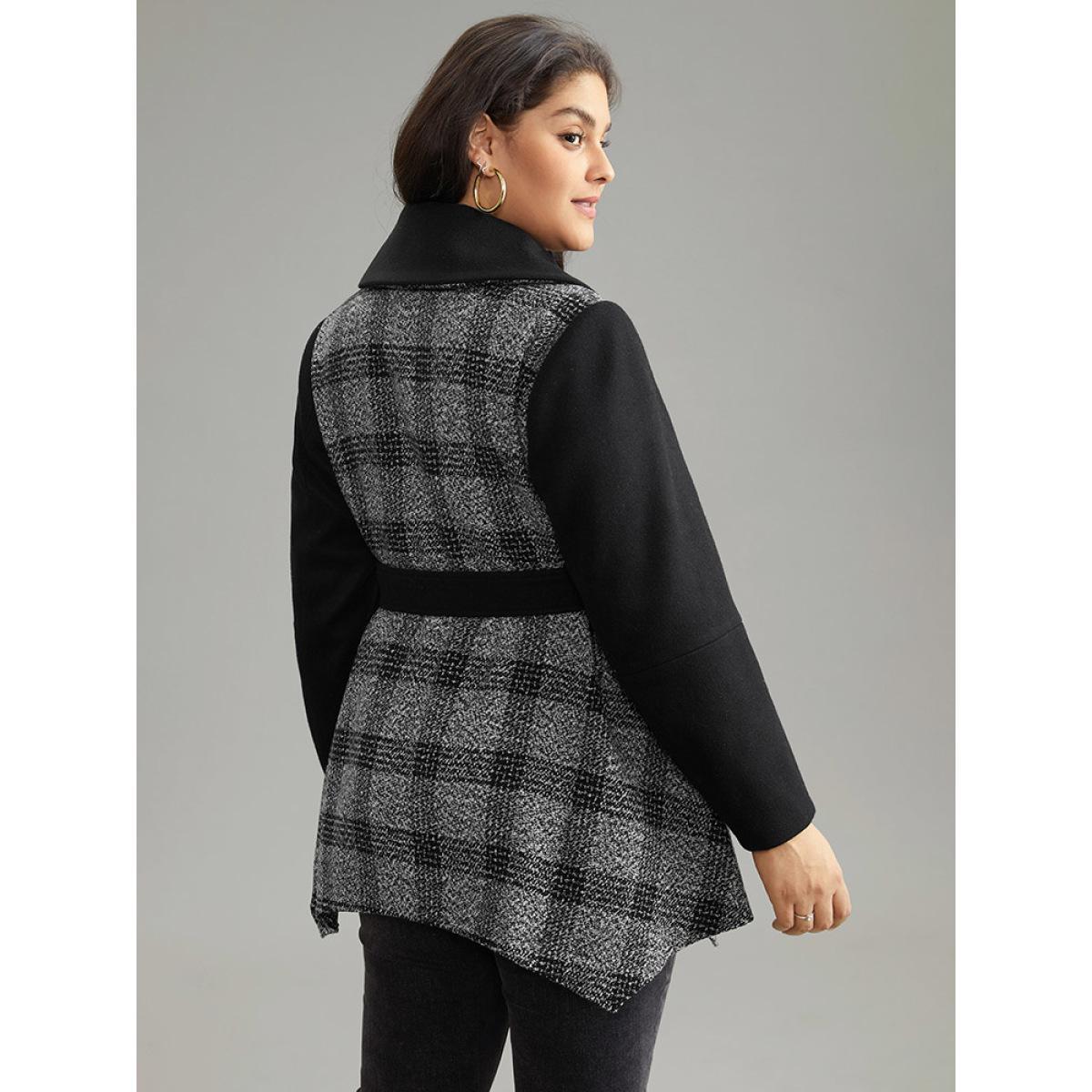 Plus Size Plaid Belted Lapel Collar Button Up Coat Women Black Casual Belted Ladies Dailywear Winter Coats BloomChic 10/M Product Image