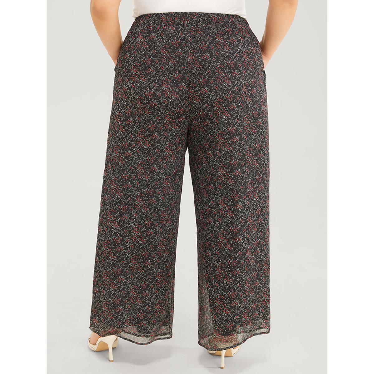 Plus Size Ditsy Floral Pocket Elastic Waist Pants Women Black Elegant Mid Rise Dailywear Pants BloomChic 12/L Product Image