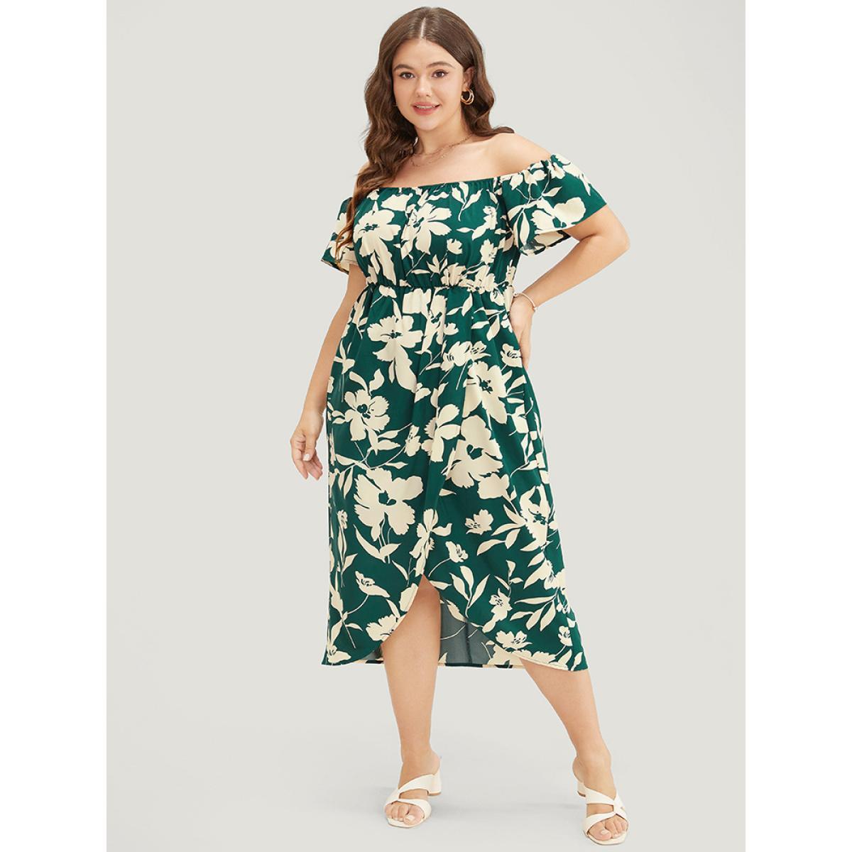 Plus Size Floral Ruffles Pleated Split Hem Pocket Off Shoulder Dress Emerald Women Elegant Printed One-shoulder neck Short sleeve Curvy Midi Dress BloomChic 14-16/1X Product Image