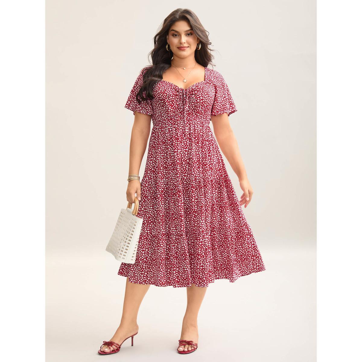 Plus Size Ditsy Floral Sweetheart Drawstring Pocket Tiered Dress Mauve Women Elegant Non V-neck Short sleeve Curvy Midi Dress BloomChic 14-16/1X Product Image