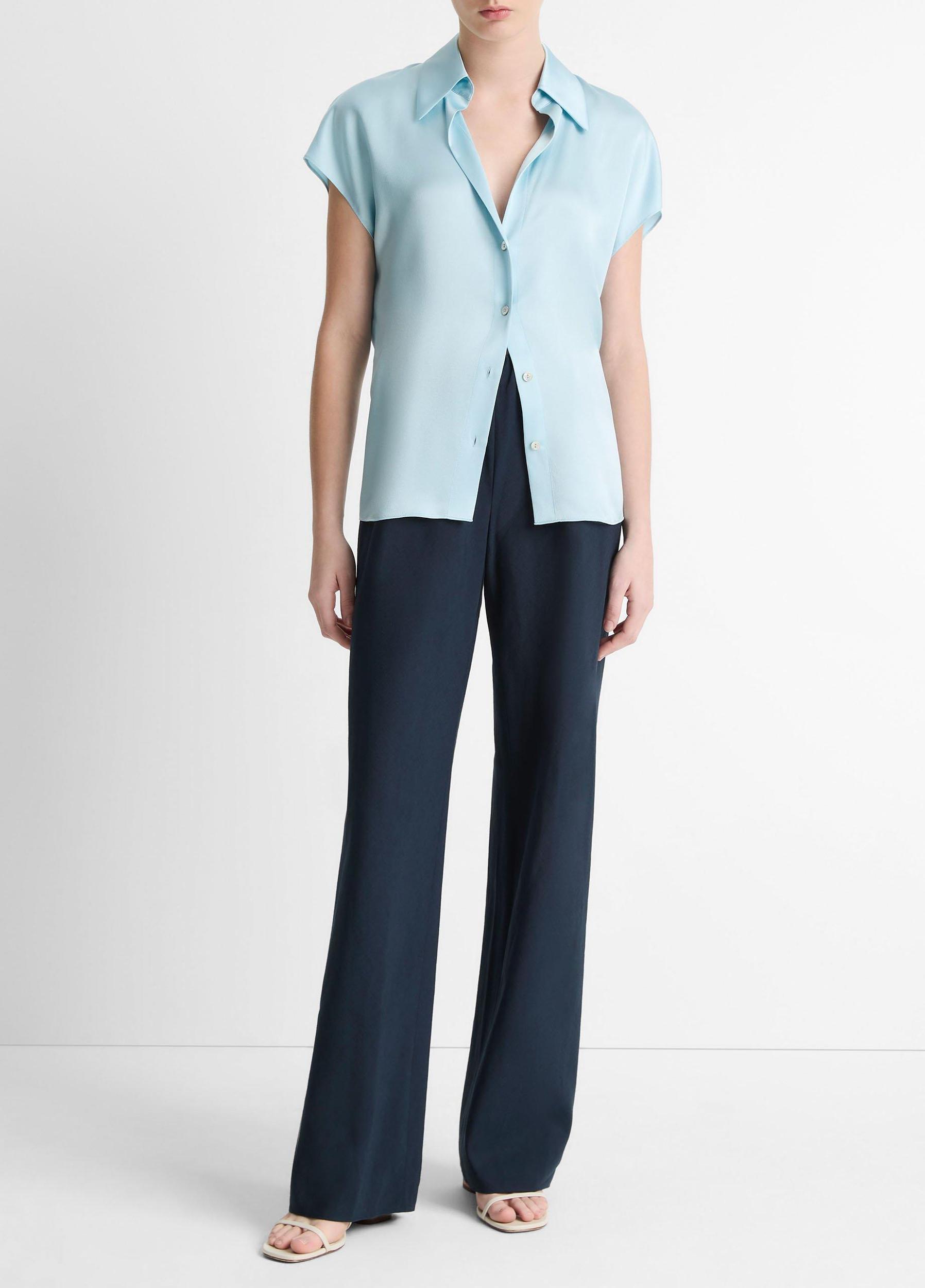 Womens Silk Cap-Sleeve Ruched-Back Blouse, Black, Size L Vince Product Image