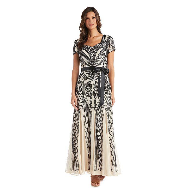 R  M Richards Petite Size Short Sleeve Sweetheart Neck Sequin Panel Godet Embellished Dress Product Image