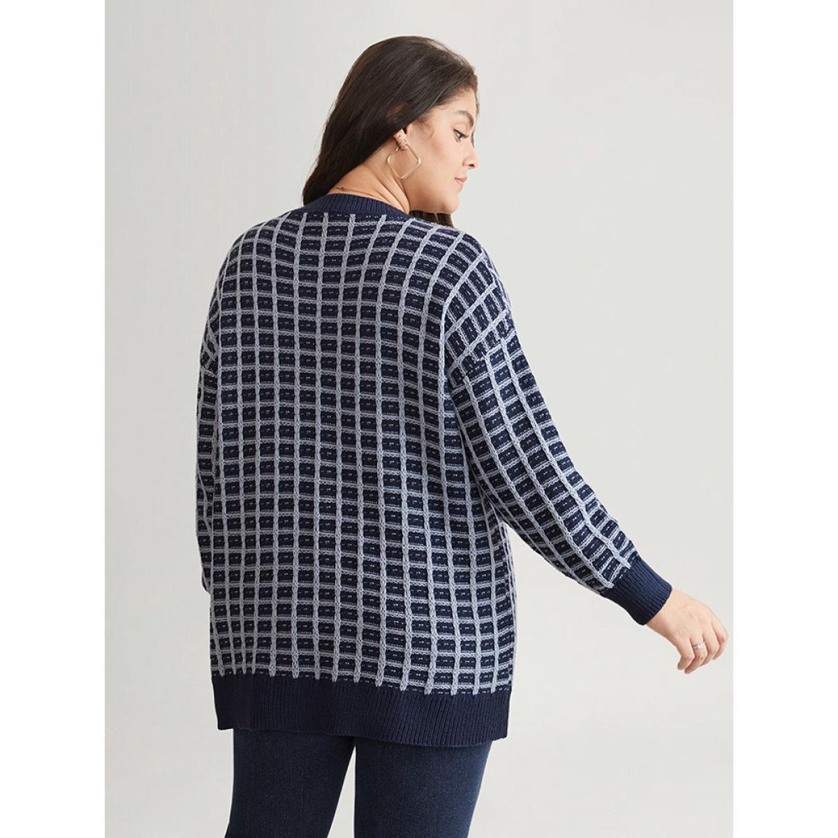 Plus Size Gingham Plisse V Neck Elastic Cuffs Pullover Midnight Women Casual Loose Long Sleeve V-neck Dailywear Pullovers BloomChic 22-24/3X Product Image
