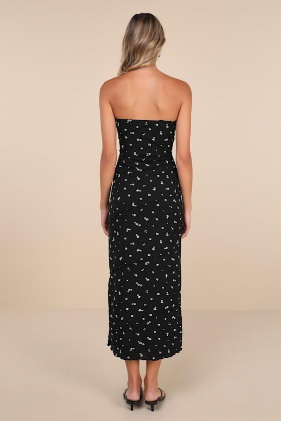 Summery Spirit Black Floral Ribbed Strapless Midi Dress Product Image