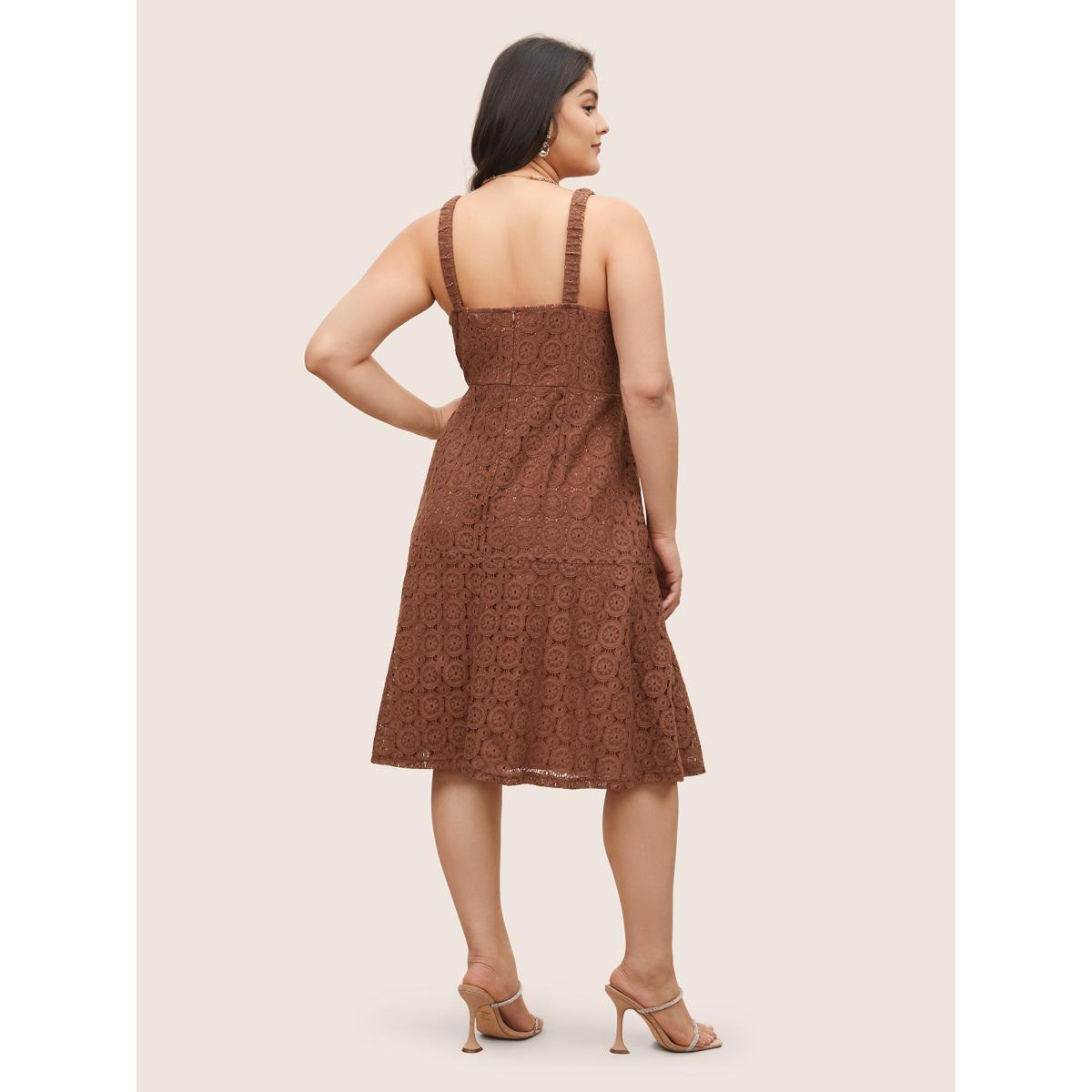 Plus Size Solid Lace Geometric Hollow Out Cami Dress Burgundy Women Cocktail Non V-neck Sleeveless Curvy Midi Dress BloomChic 18-20/2X Product Image