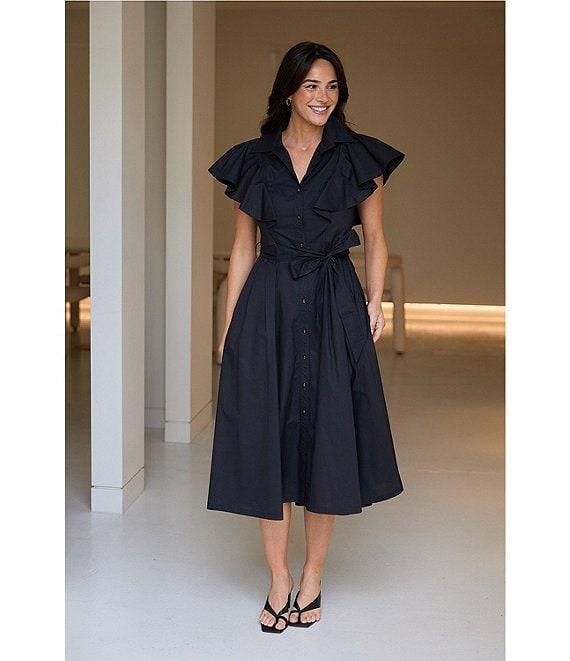 Brave + True Marigold Cotton Ruffle Sleeve Collared V-Neck Button Front Midi Dress Product Image