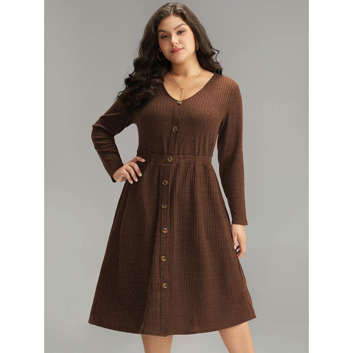 Plus Size Rib Knit Button Detail Pocket Dress Chocolate Women Casual Plain V-neck Long Sleeve Curvy Midi Dress BloomChic 14-16/1X Product Image
