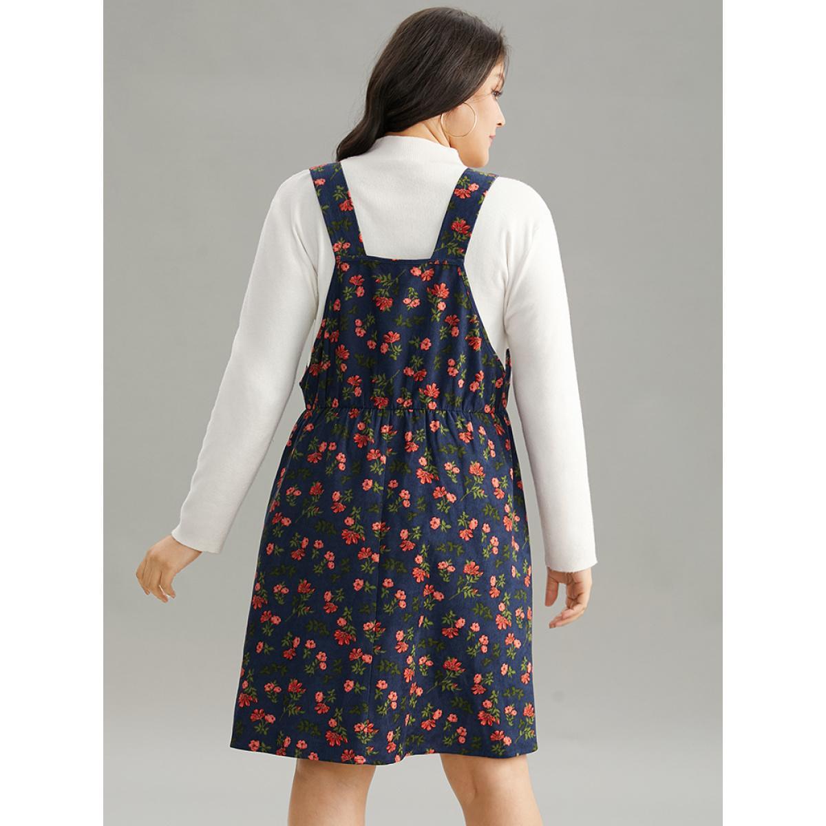 Plus Size Ditsy Floral Corduroy Pocket Zipper Fly Cami Dress Stone Women Casual Printed Square Neck Sleeveless Curvy Knee Dress BloomChic 14-16/1X Product Image
