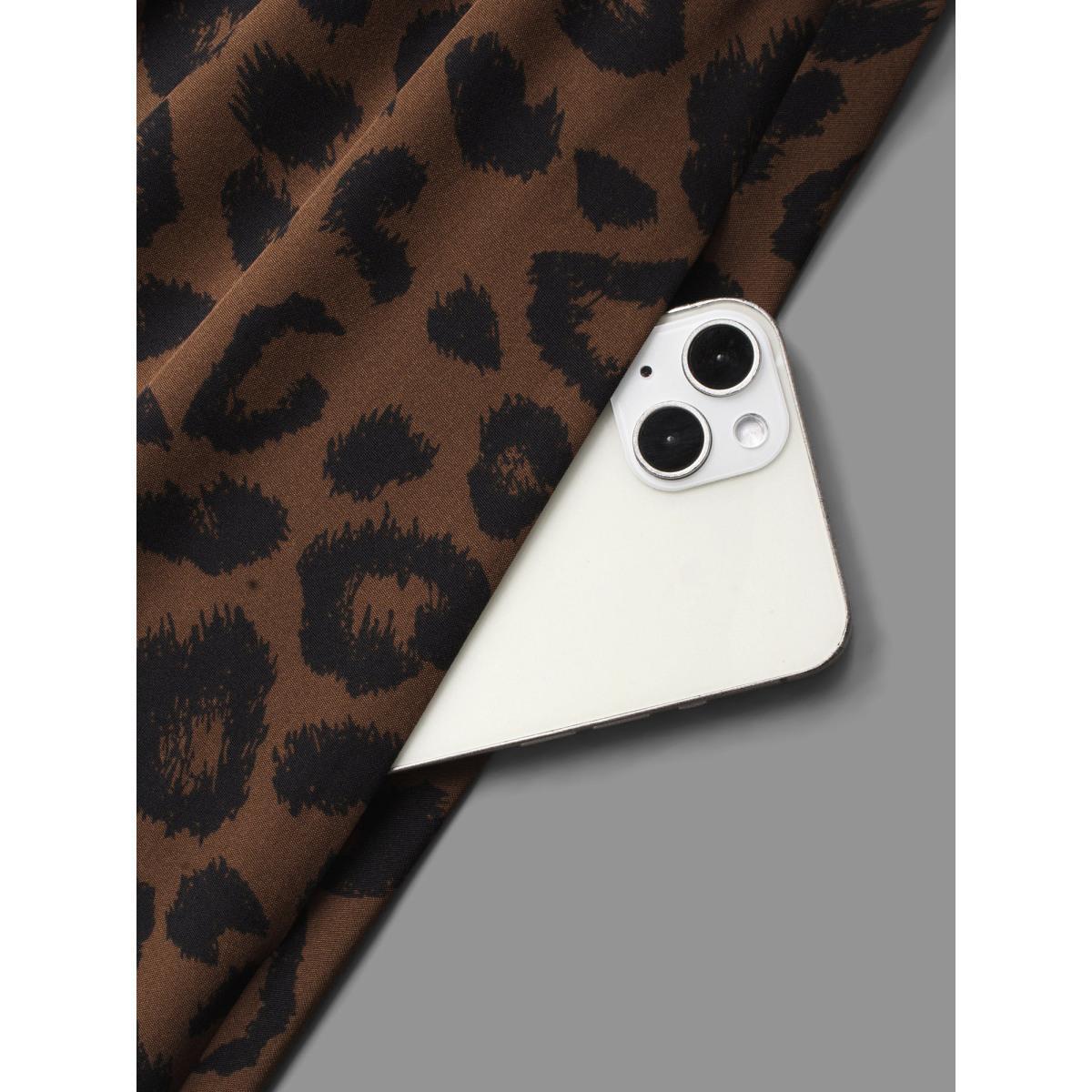 Plus Size Leopard Print Ruffles Mock Neck Elastic Waist Dress Browncoffeecolor Women Elegant Frill Trim Mock Neck Long Sleeve Curvy BloomChic 30/6X Product Image
