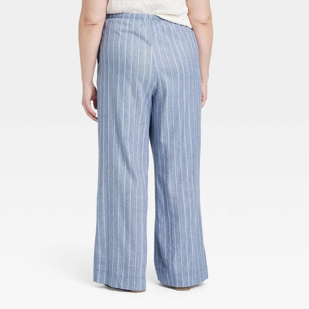 Womens Mid-Rise Wide Leg Linen Pull-On Pants - A New Day Navy Striped 4X Short Product Image
