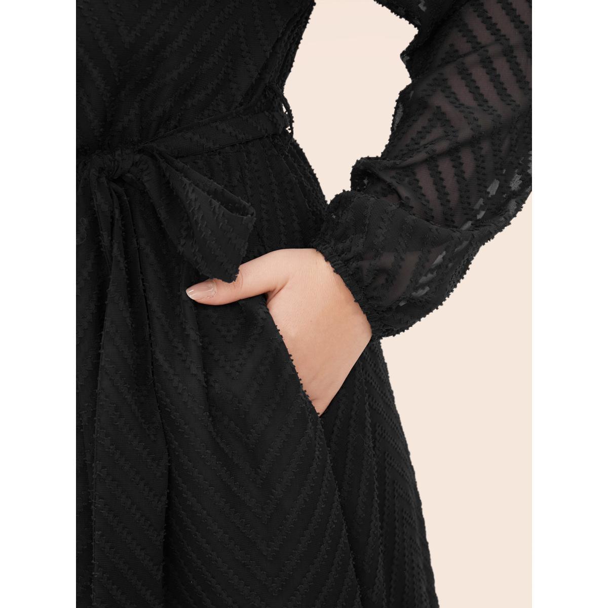 Chiffon Geometric Elegance Plain Navy Belt Plus Size Midi Dress Women Pocket Lantern Sleeve Long Sleeve V Neck Pocket Dailywear Midi Dress BloomChic Product Image