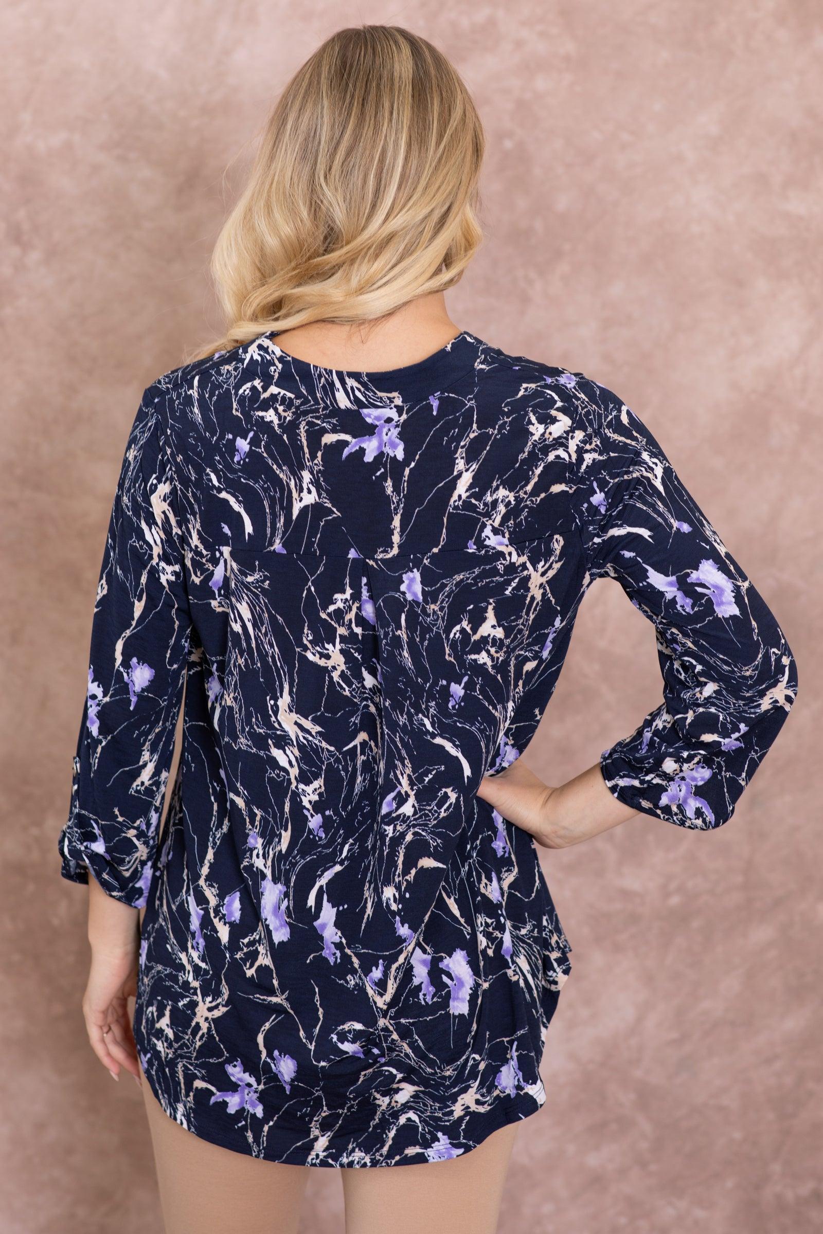 Navy And Violet Printed Wrinkle Free Lizzy Top Product Image