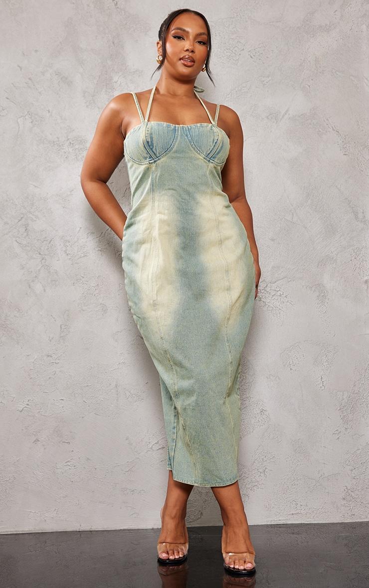 Plus Indigo Vintage Wash Seam Detail Denim Midi Dress Product Image