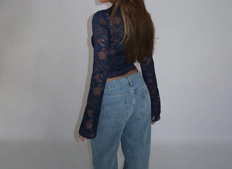 Long Sleeve V-Neck Lace Button Up Cropped Top Product Image