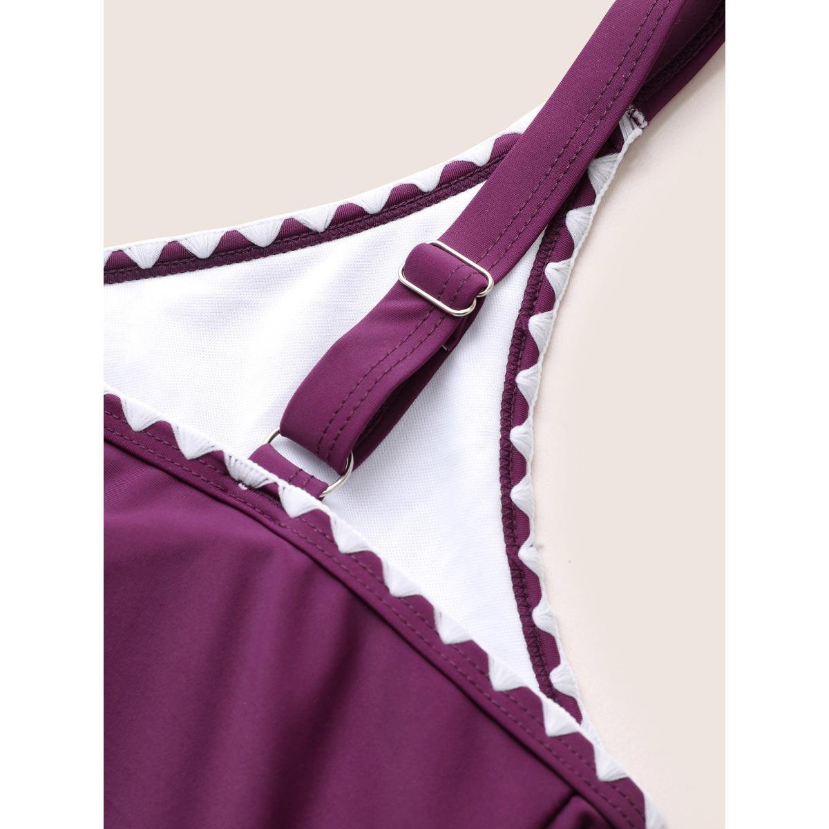Plus Size Contrast Embroidered Overlap Collar Swim Dress Women's Swimwear Purple Beach Bodycon Overlap Collar High stretch Curve Swim Dresses BloomChic 14-16/1X Product Image