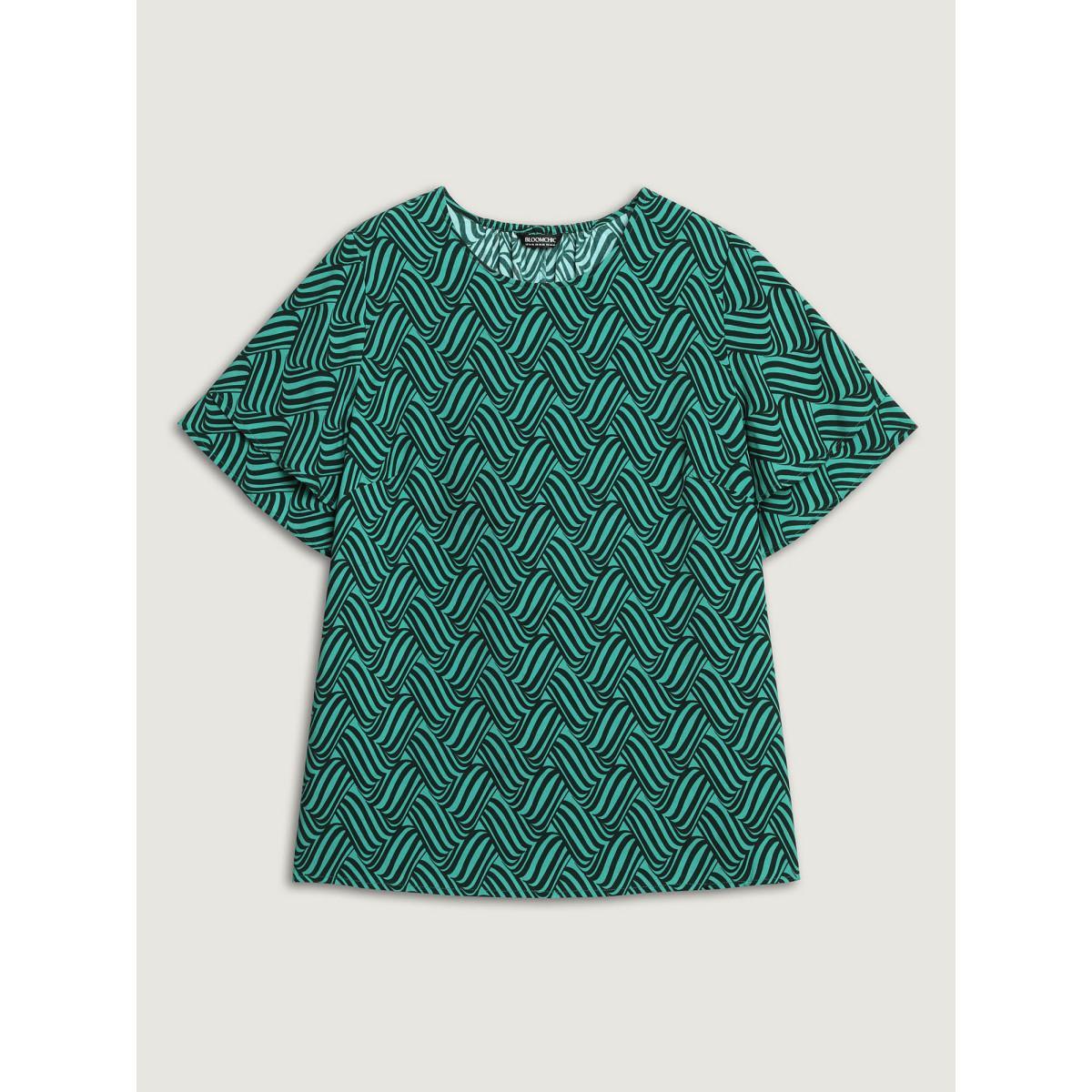 Plus Size Cyan Rayon Geometric Print Layered Sleeve Blouse Women Short sleeve Round Neck Work Blouses BloomChic 28/5X Product Image