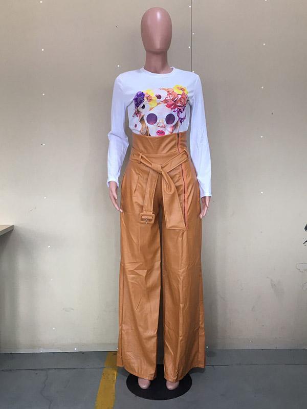 High Waisted Wide Leg Belted Solid Color Zipper Pants Trousers Product Image