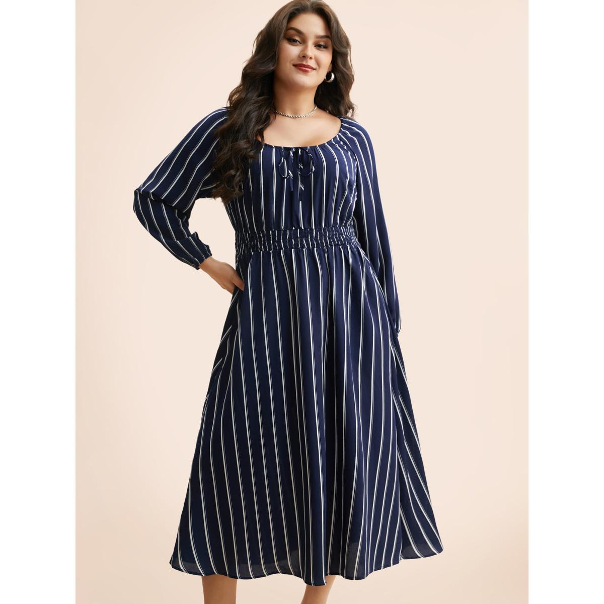 Plus Size Striped Shirred Lantern Sleeve Maxi Dress DarkBlue Women Elegant Tie knot U-neck Long Sleeve Curvy BloomChic 30/6X Product Image
