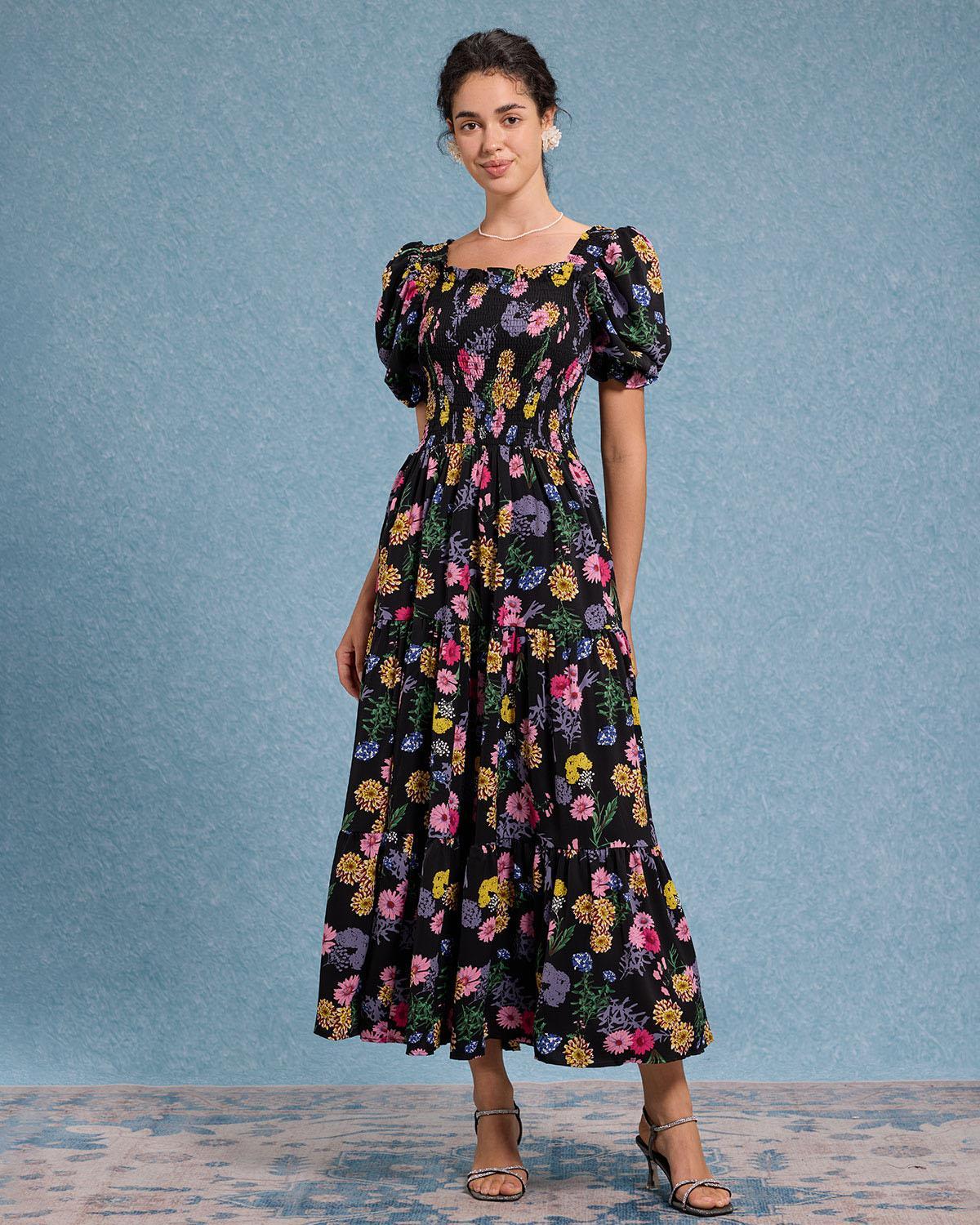 Black Floral Square Neck Shirred Maxi Dress Product Image