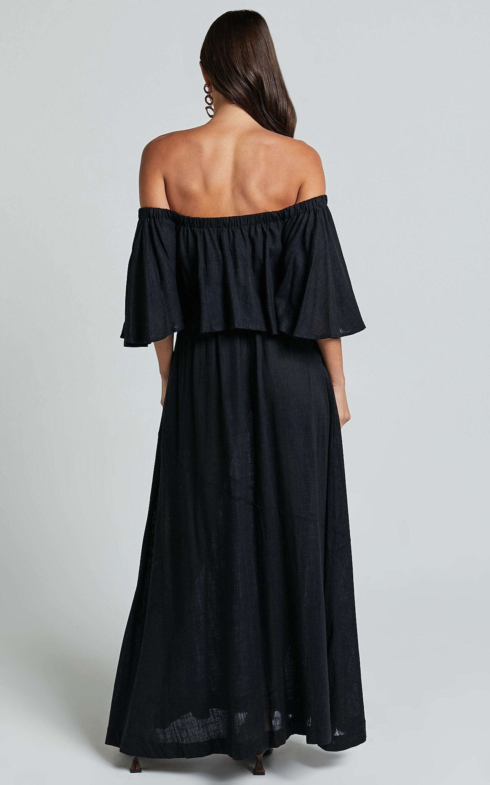 Amalie The Label - Juletta Linen Blend Flutter Sleeve Top and Midi Skirt Two Piece Set in Black Product Image