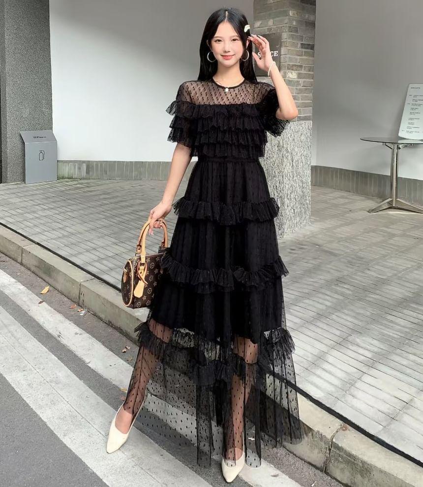 Short-Sleeve Dotted Ruffle Mesh Maxi A-Line Dress Product Image