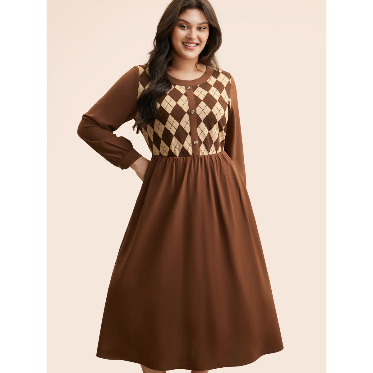 Plus Size Geometric Crew Neck Button Detail Dress Browncoffeecolor Women Elegant Patchwork Round Neck Long Sleeve Curvy BloomChic 28/5X Product Image