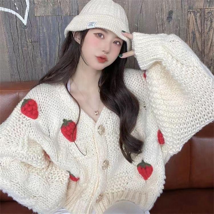 Strawberry Embroidered Button-Up Cardigan Product Image