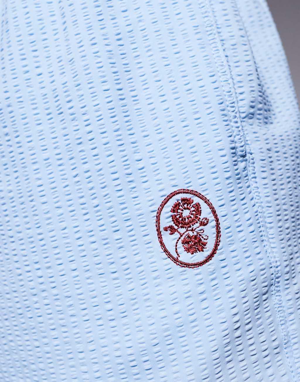 ASOS DESIGN seersucker swim shorts in short length with embroidery   Product Image