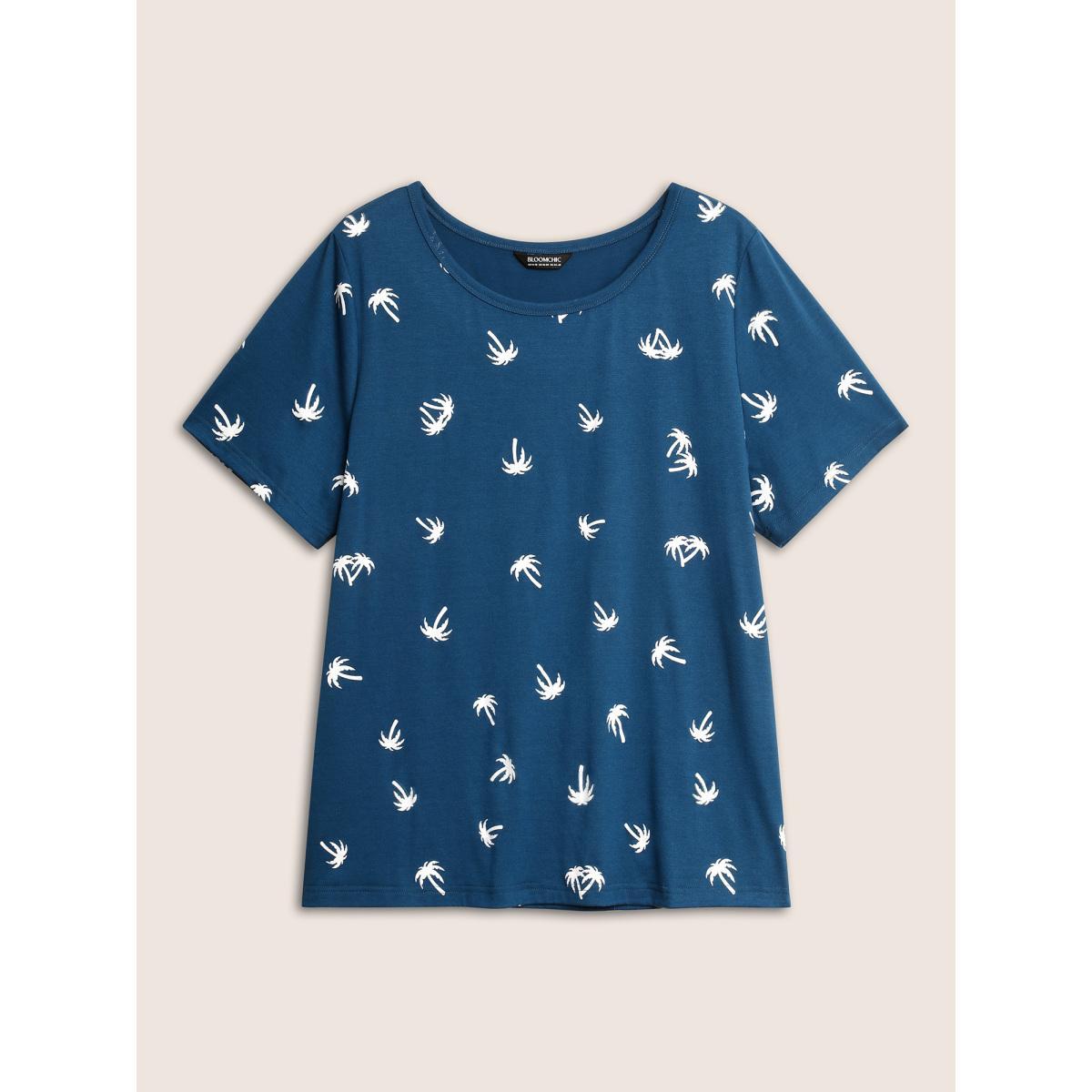 Plus Size Coconut Tree Print Round Neck T-shirt Indigo Women Resort Contrast Natural Flowers Round Neck Vacation T-shirts BloomChic 10/M Product Image